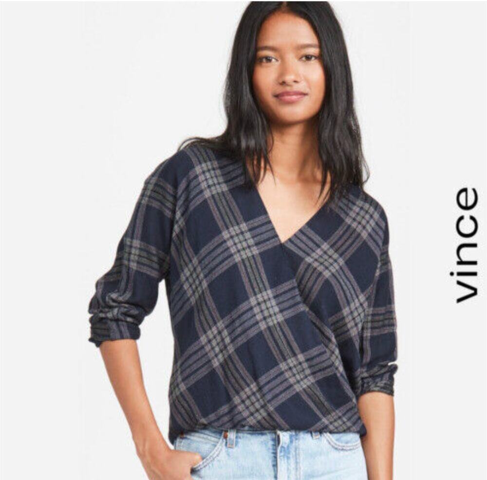 Vince Women Faux Wrap Top Blue Gray Plaid Gauze Flannel Size XX Small